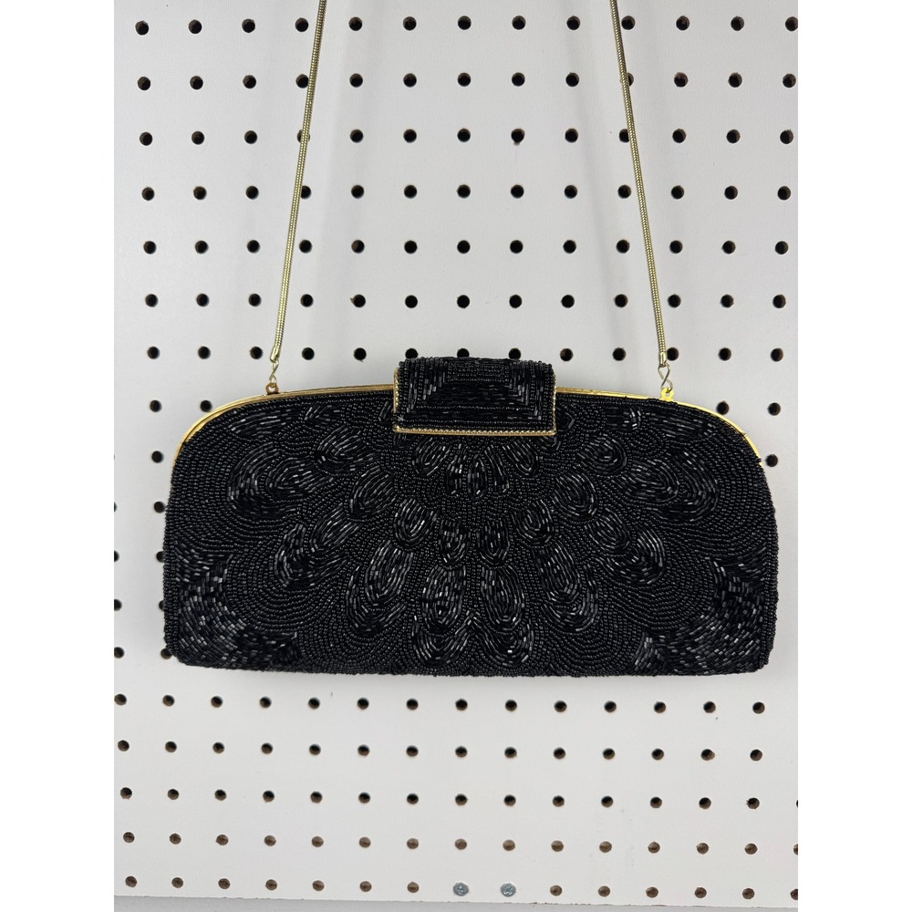 Vintage Black Beaded Evening Clutch Bag Gold Tone Chain Strap Formal Wedding